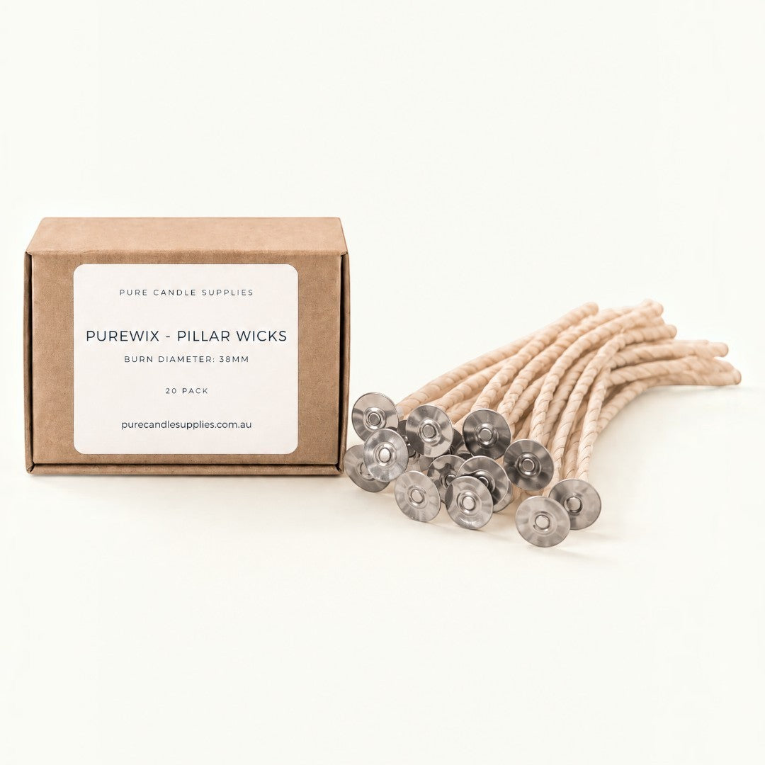 Pure Candle Supplies PureWix flat braided cotton candle wicks with metal tabs and a 38mm burn diameter in a box