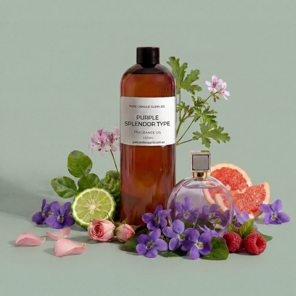 Bottle of 'Purple Splendor Type' fragrance oil with flowers and fruits on a light green background