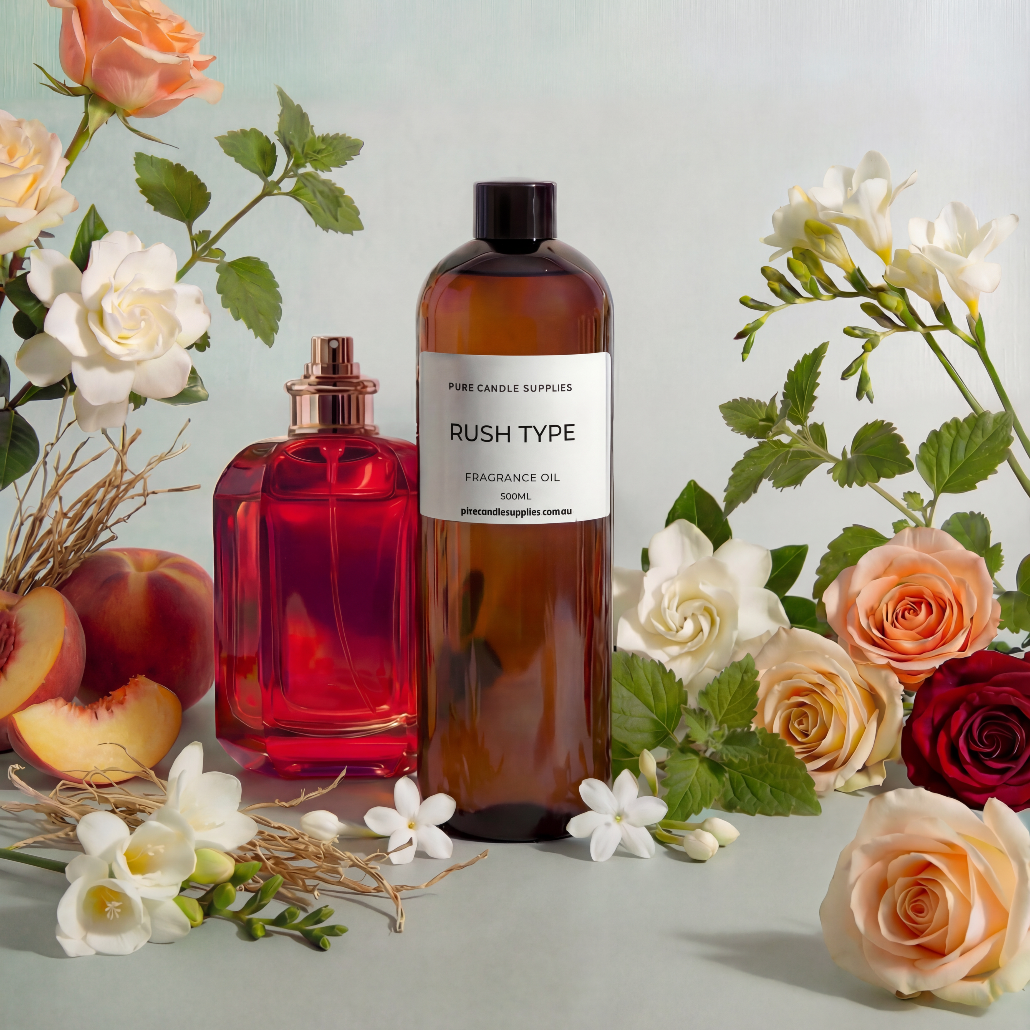 Two perfume bottles, one red and one brown, surrounded by flowers on a light background