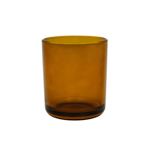 amber coloured round candle jar with curved base