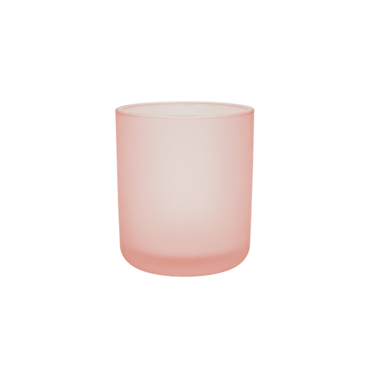 round frosted pink candle jar with curved base