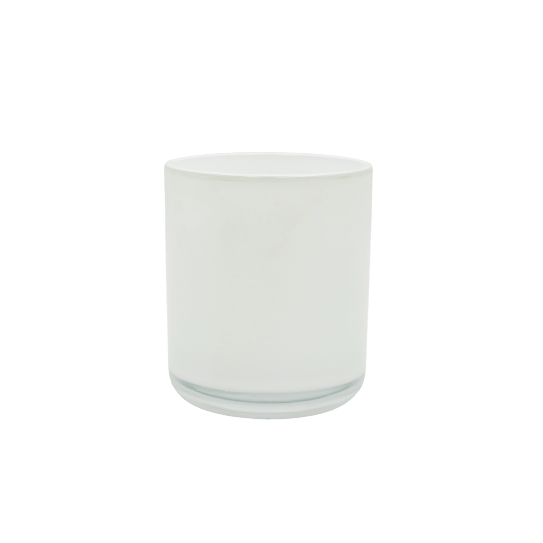 round glossy white candle jar with curved clear base