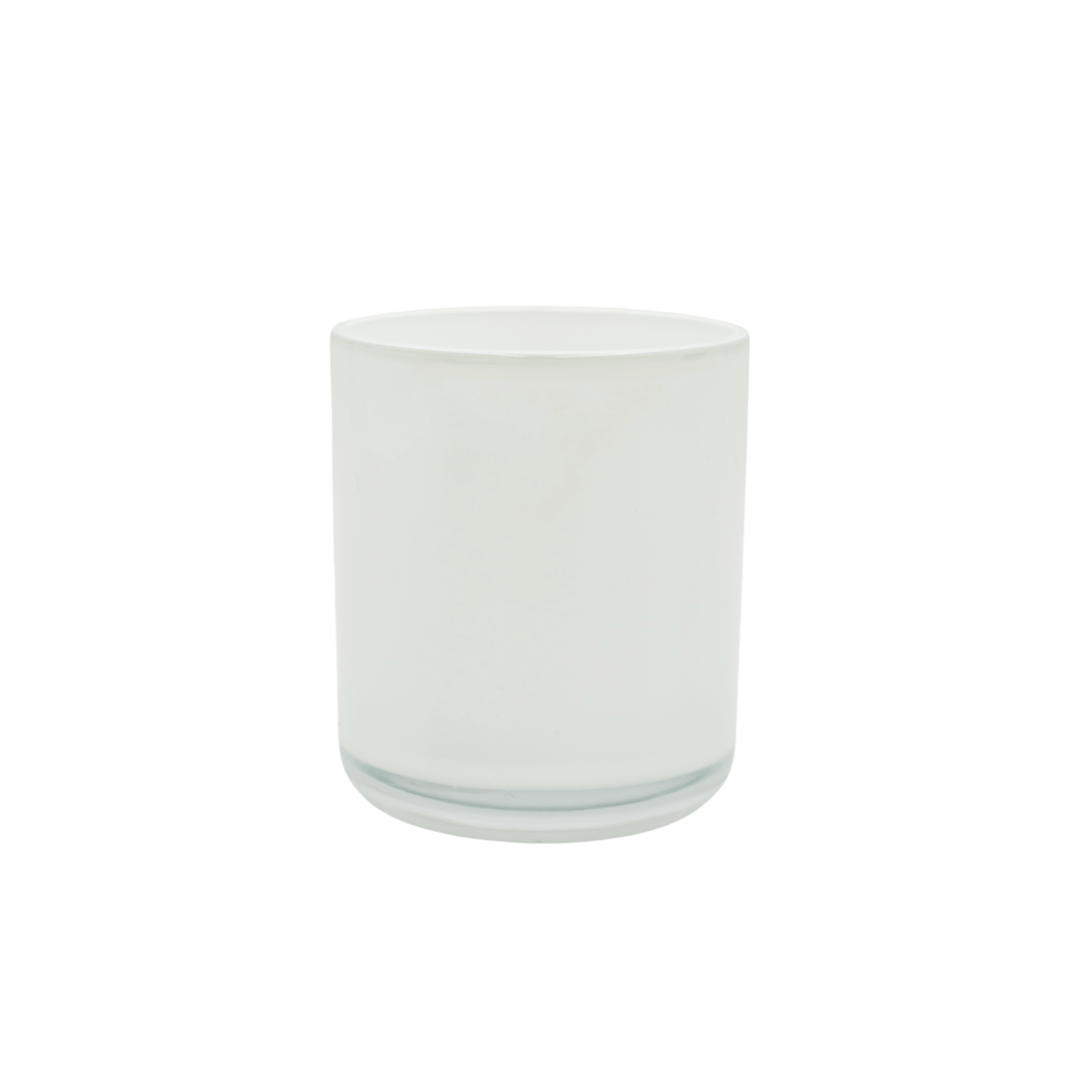 round glossy white candle jar with curved clear base