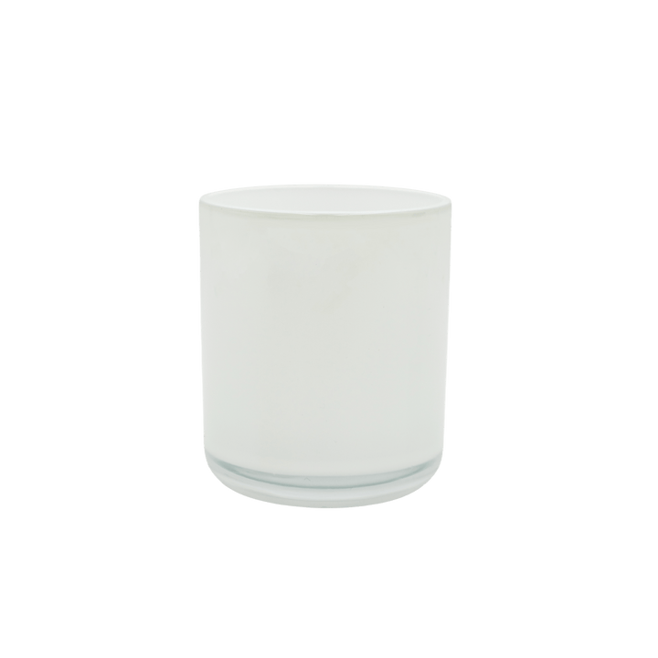 round glossy white candle jar with curved clear base