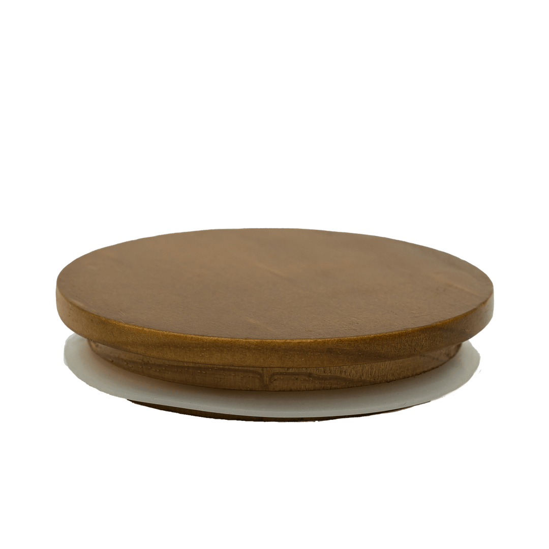 large round teak coloured timber lid