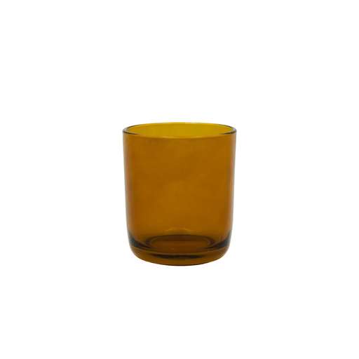 round amber candle jar with curved base on white background