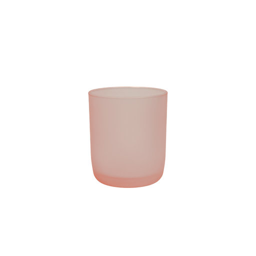 round frosted pink candle jar with curved base on white background
