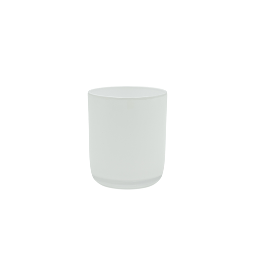 round small glossy white candle jar with curved base on white background