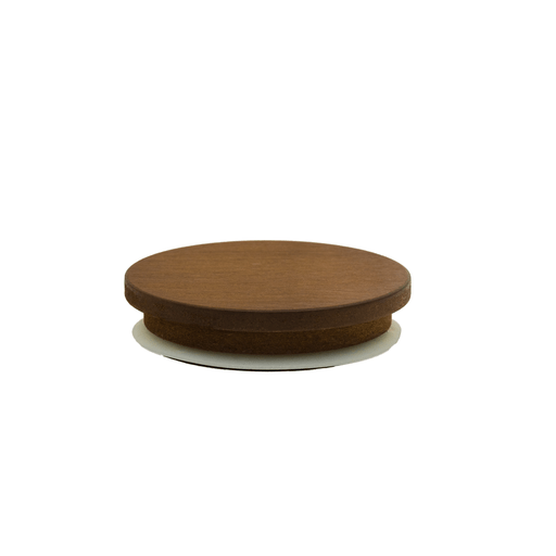 small round walnut timber candle jar lid on white background