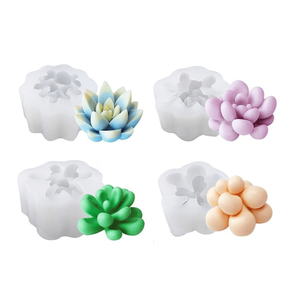 four different types of succulent candles next to silicone moulds against white background