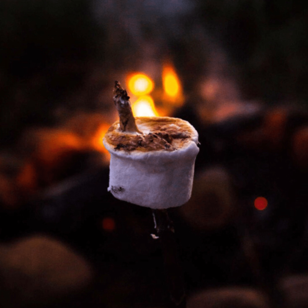 White marshmallow with toasted top and bonfire in the background