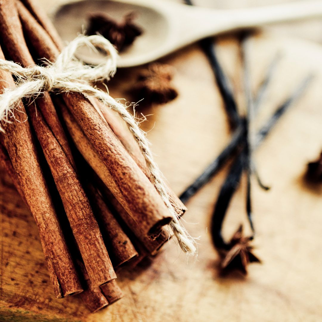 bunch of cinnamon sticks roped together with twine. vanilla bean and cloves distorted in background. 