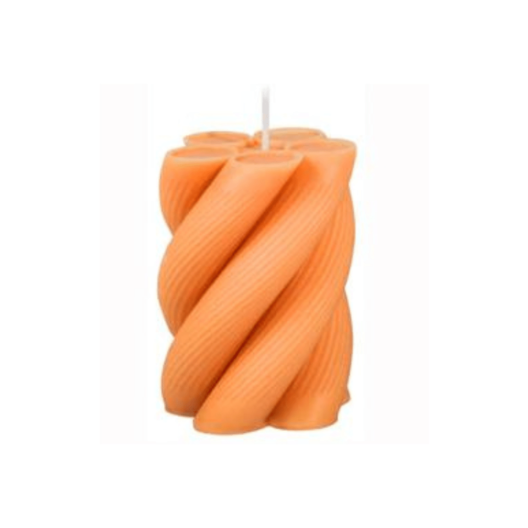 pillar candle with tube shape detail in orange against white background