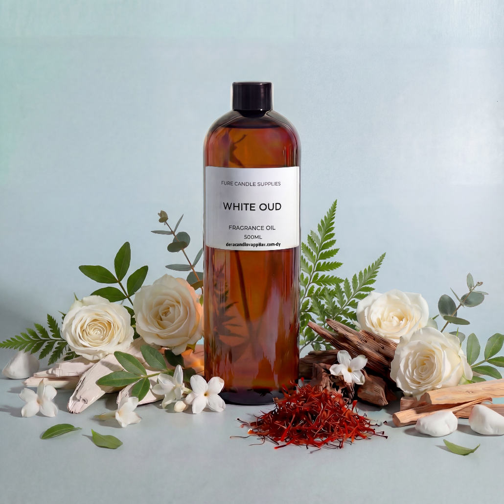 Bottle of White Oud fragrance oil with flowers and spices on a light blue background