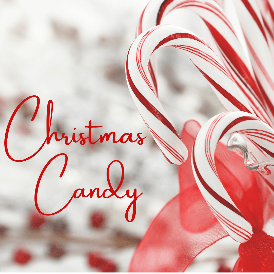 bunch of candy canes wrapped in red ribbon with blurred background and christmas candy  written in red writing